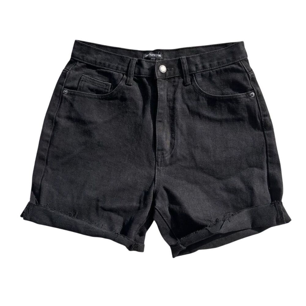 Pretty little Thing High Waist Black Denim Shorts Size 6 Cuffed Hem Summer